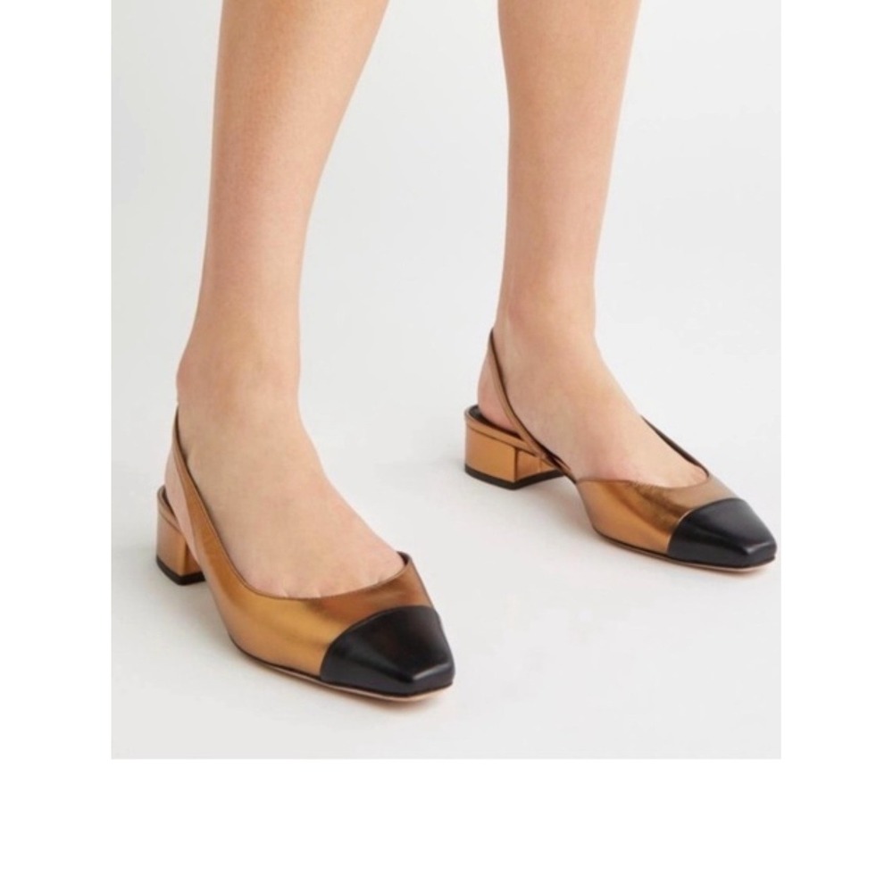 Veronica Beard Cecile Slingback Shoes Women's 7 Bronze Black Leather Cap-Toe